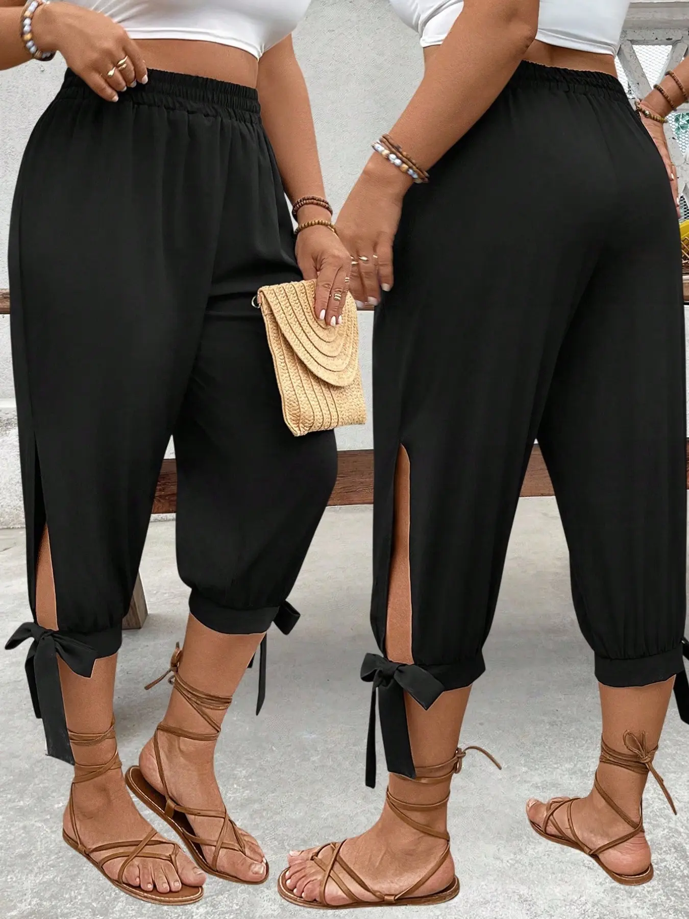 Plus Size Plain Capri Pants, Cute Commuter Pants, Casual Elastic Waist Trousers with Side Slit & Bow Detail, Lightweight Breathable Fabric, Summer Vacation Wear, Comfortable Fitted Work Bottoms