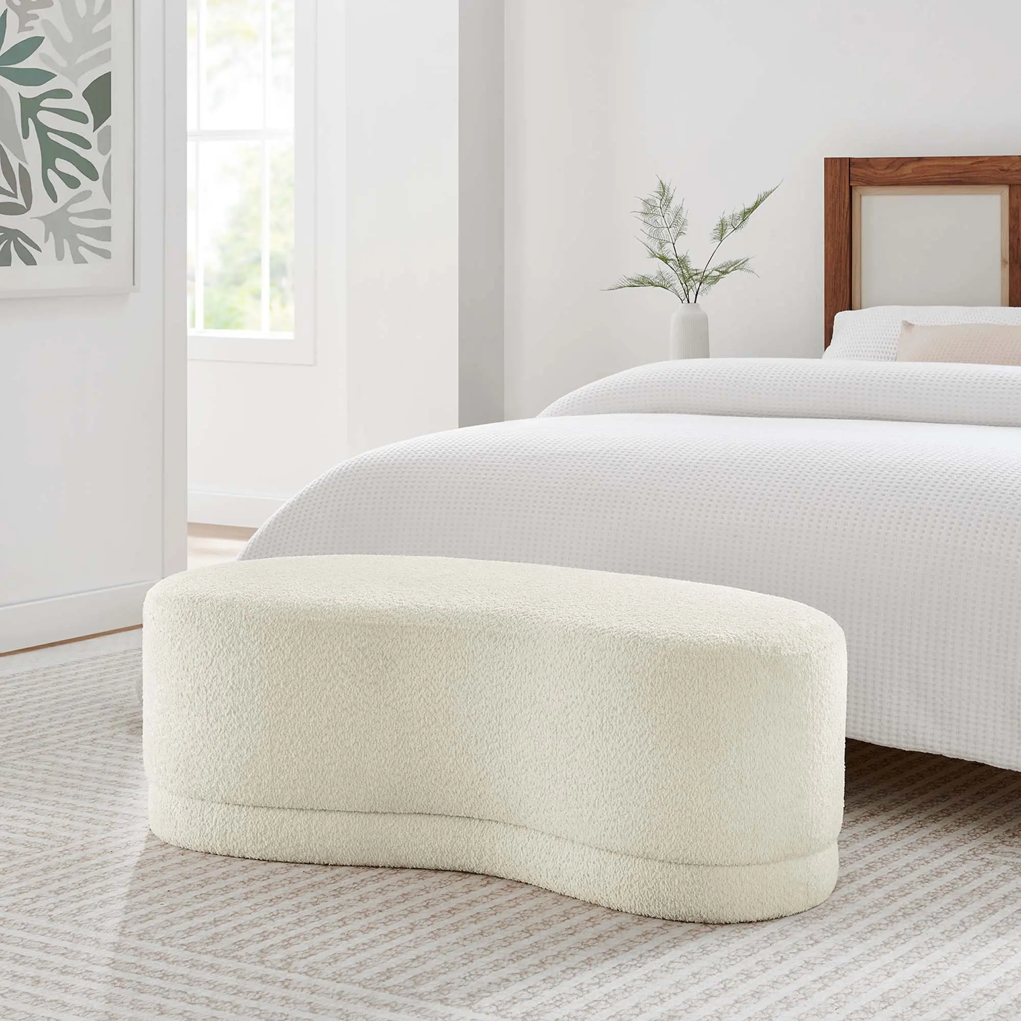 Nimbus 48" Cream Upholstered Ottoman Bench, Soft Padded Footstool for Indoor Furniture Use