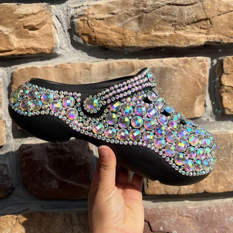 ReneChristine Luxurious Bling-Bling Rhinestone Embellished Thick Sole Clogs - Adjustable Strap & Non-Slip Outsole for All-Day Glamour
