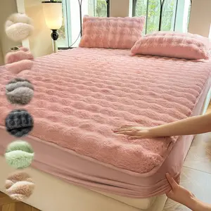Faux Rabbit Fur Fitted Sheet 1pc – Striped Luxury Soft & Warm Solid Color Bedding with Pillowcase, All-Season Use, Perfect for Bedroom, Dorm, Sofa, Fluffy Cozy & Ideal Christmas Gift, Bed Sheets Set, Bedsheets