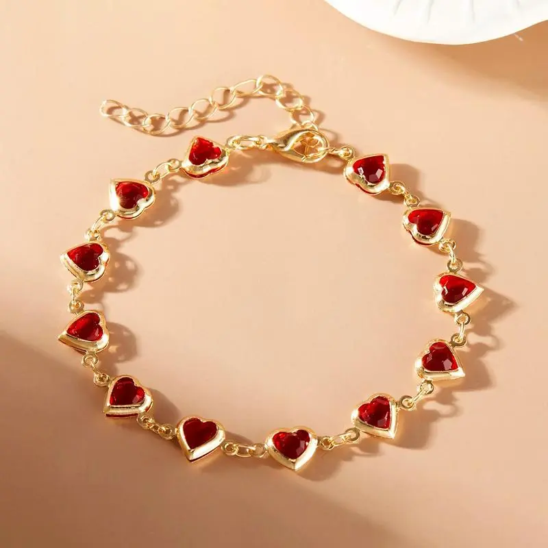 Women's Dainty Crystal Layered Heart Bracelets Set - Red Cubic Zirconia, Adjustable Bangle, Sparkling Heart Bracelets & Bangles, Adjustable & Layered Look, Costume Jewelry, Celebratory Gift for Valentine's Day Party, Dainty Crystal Bracelet