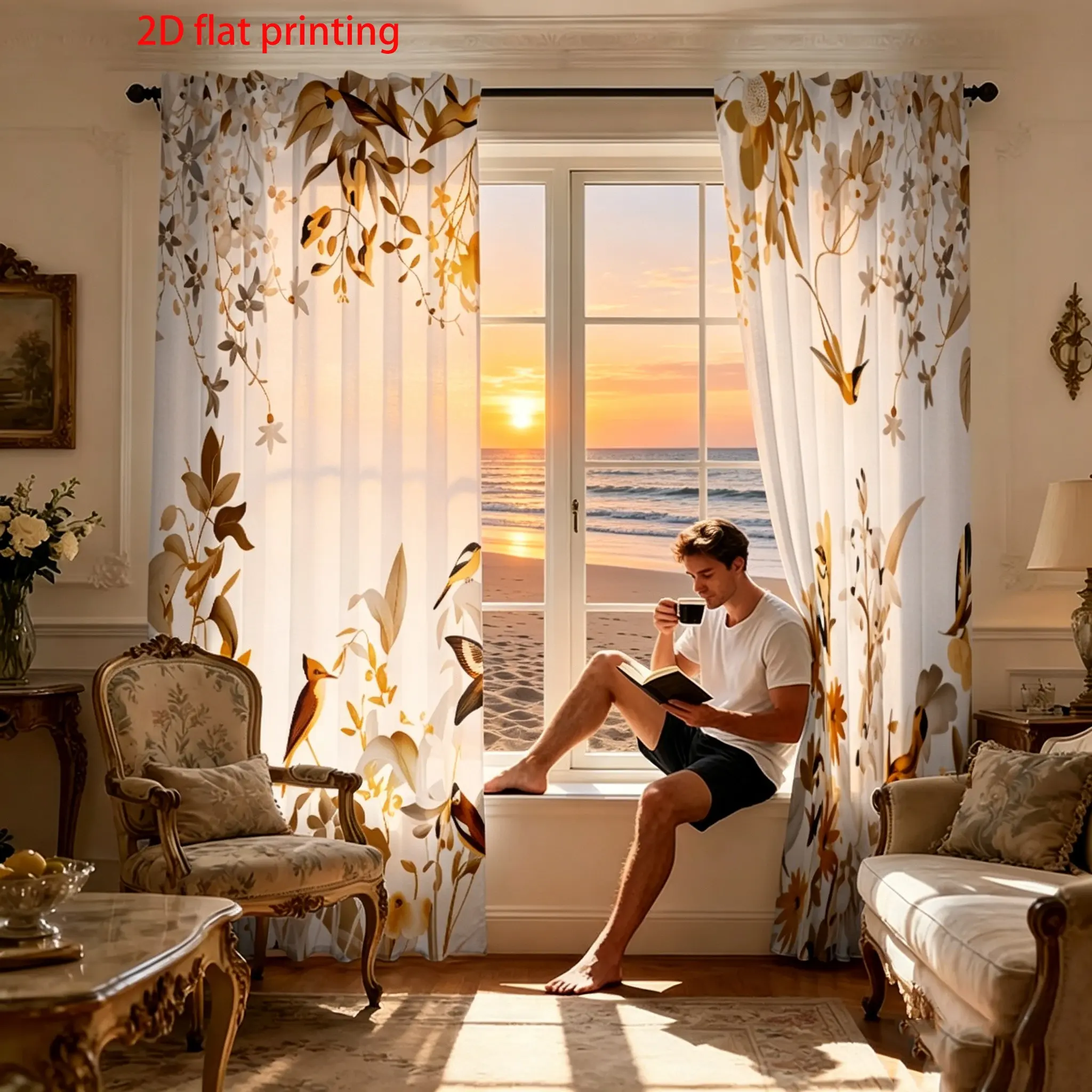 2-piece set of new Chinese style flower and bird patterned curtains, fresh and natural style digital printed curtains, semi blackout polyester fabric, universal curtains for living room and bedroom