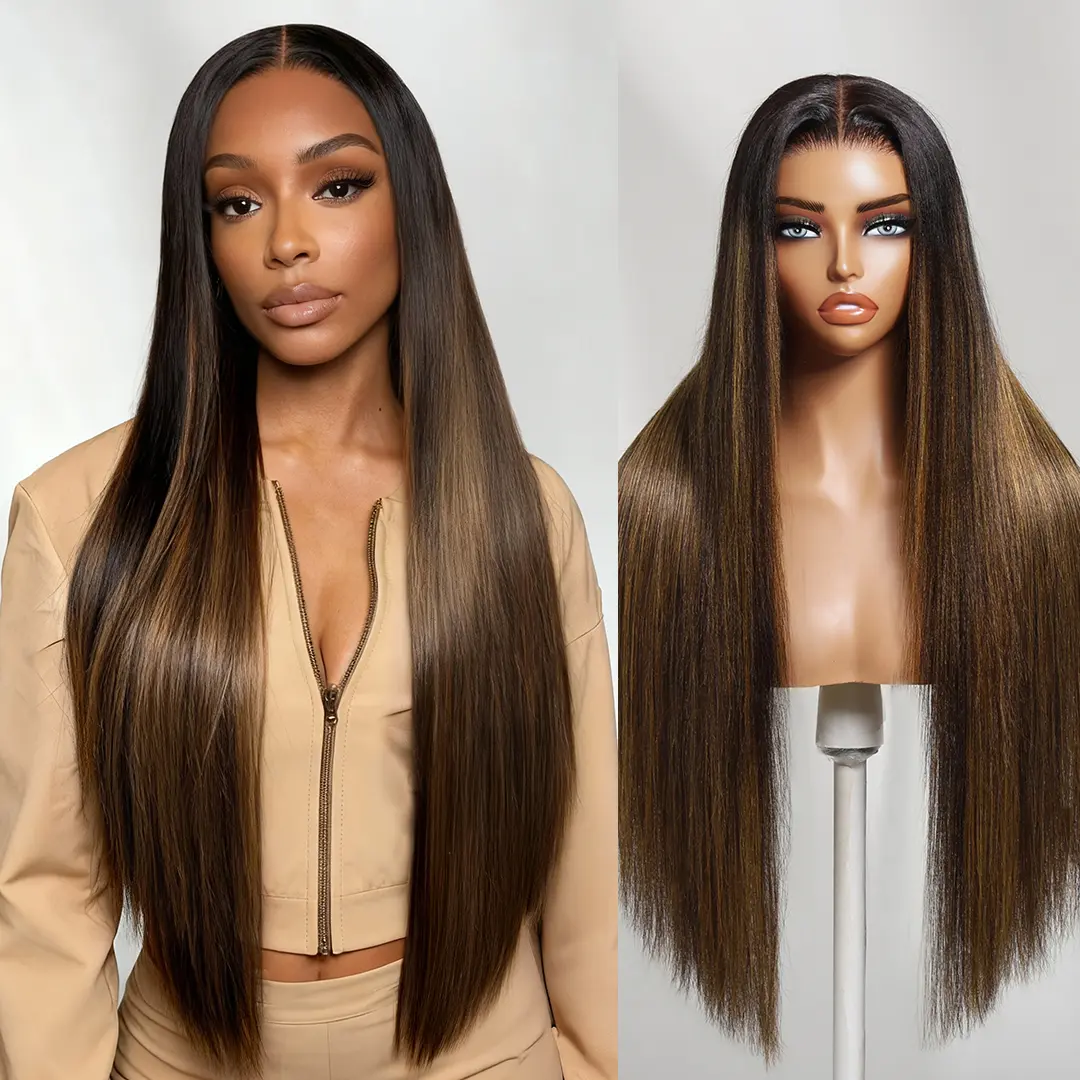 Nadula Black To Chestnut Brown With Highlights Yaki Straight 13x4 Lace Wig With Drawstring Human Hair Invisible Knots Glueless Put On And Go Beginner Friendly Natural Look Summervibes TikTokShopStockUp
