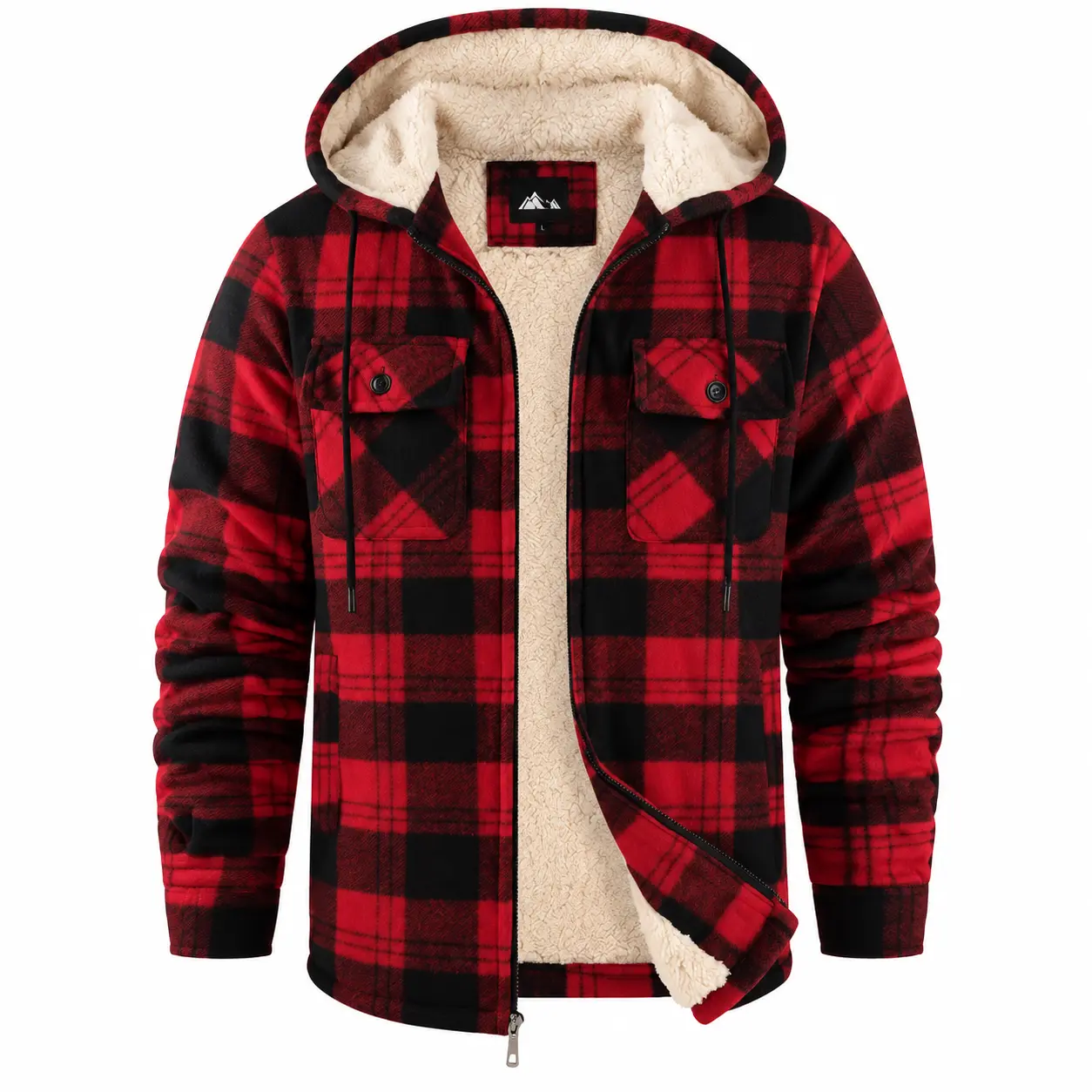 ZITY Menswear Medium Length Men's Fleece Jacket, Winter Heavy Plaid Sherpa-Lined Thermal Full-Zip Coat with Drawstring Hooded Flannel Shacket, Zipper-Closure Warm Buffalo Checkered Outdoor Casual Men's Clothing