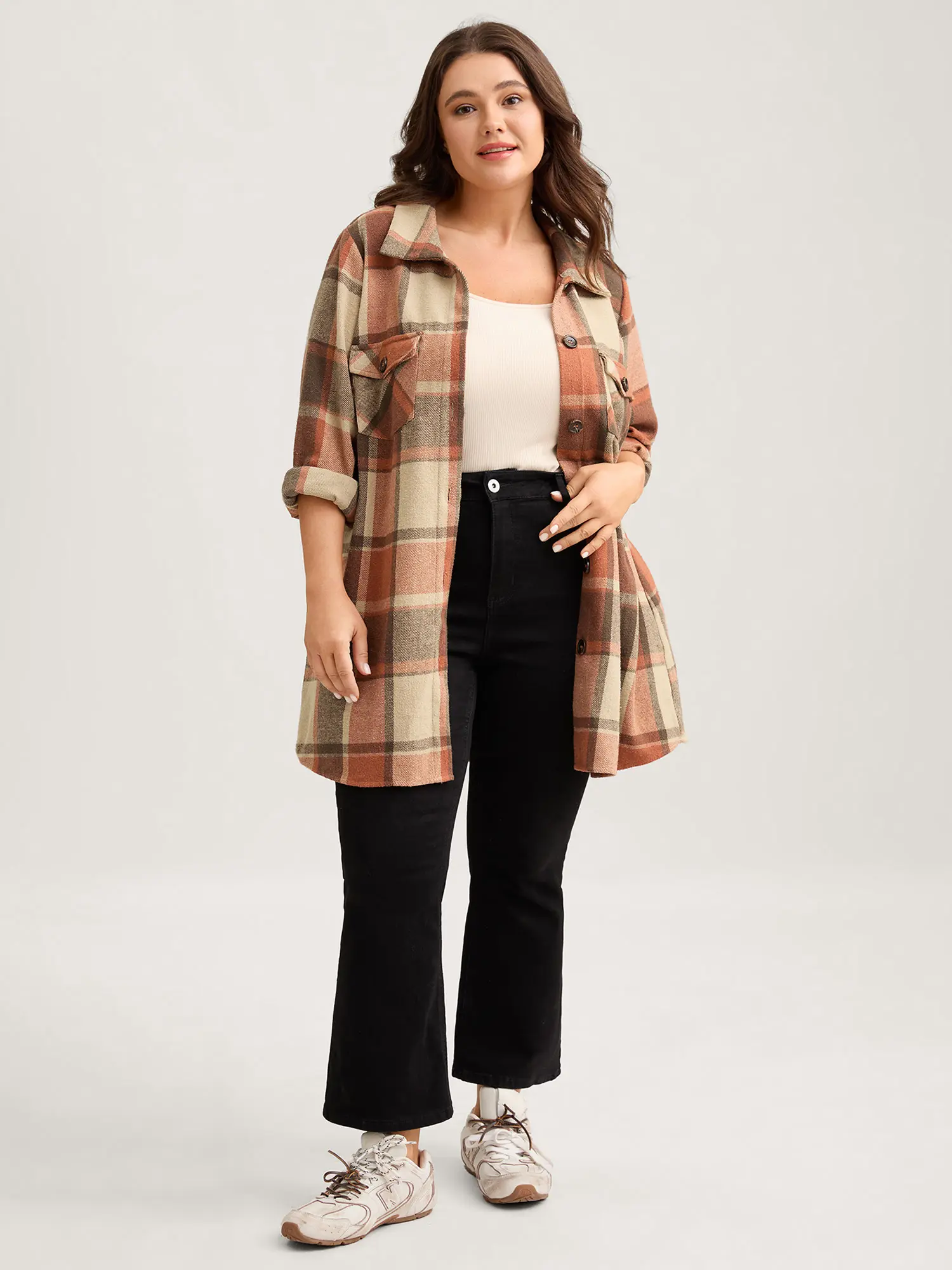 BloomChic Plus Size Plaid Shacket for Women – Oversized Button Down Shirt Jacket with Chest Pockets, Relaxed Fit Long Sleeve Layering Top, Casual Everyday Outerwear, Plussize, Checkered Pattern Women's Casual Jackets, Loose Cut, Fabric, Longsleeves, Rust,