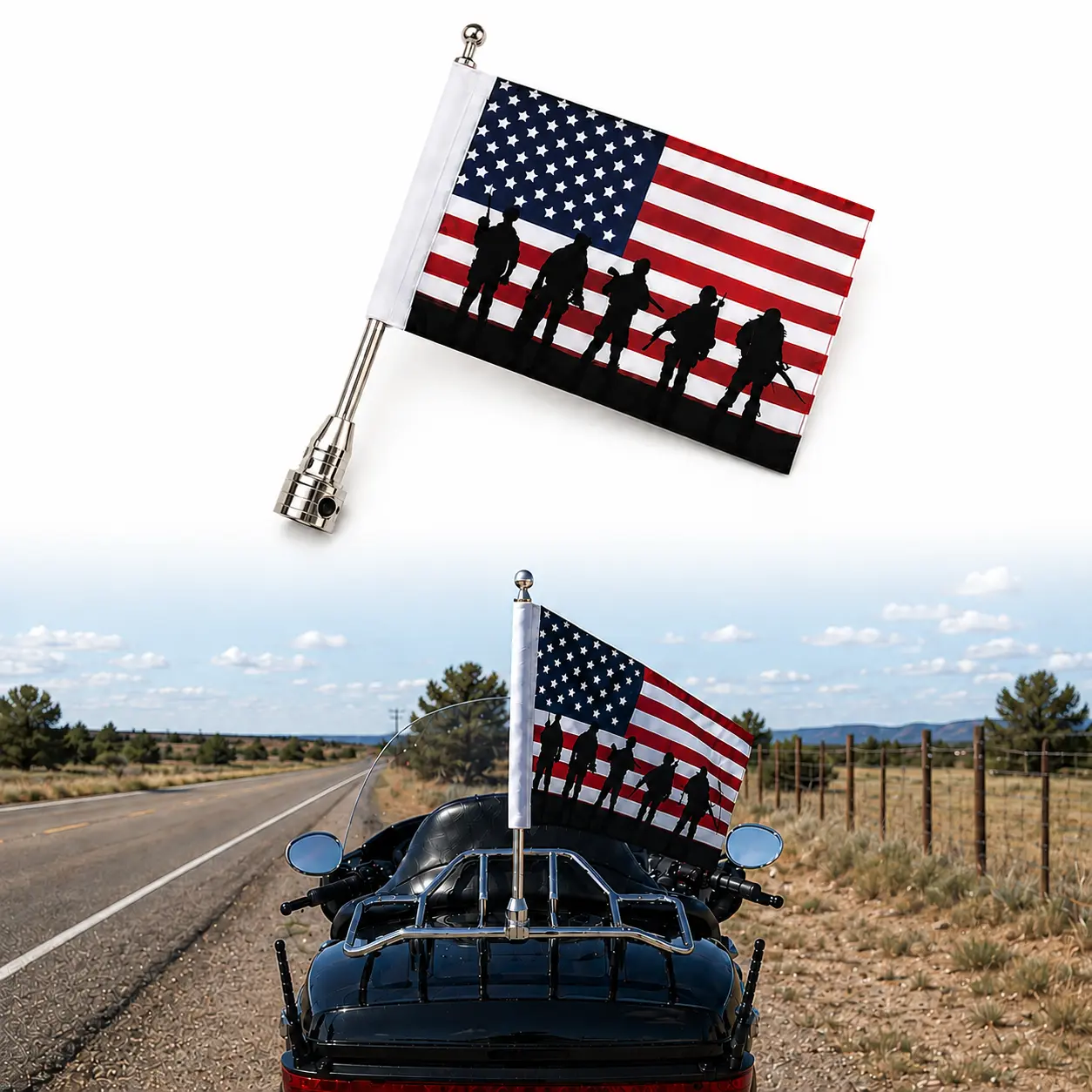 Motorcycle American Flag Pole Mount Kit with Chrome Aluminum Alloy Mast and Textile Flag, 390mm Flagpole 270x170mm Banner with Luggage Rack Mounting Hardware for Harley-Davidson Touring Cruiser Bikes with 8mm Bolt Hole, motoparts