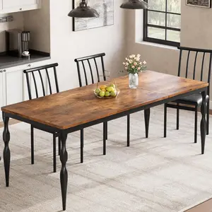 Garvee Rustic Rectangular Dining Table 180 cm with Thick Wooden Top and Heavy-Duty Curved Metal Legs, Seating 6-8 People, Ideal for Kitchen or Dining Room in Classic Brown and Black Farmhouse Style