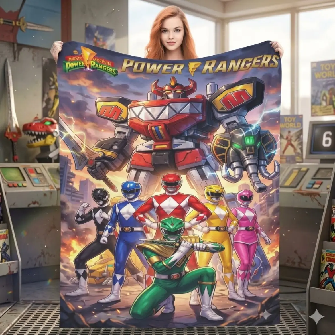 1Pc MMPR Character Art Flannel Blanket - Red Ranger & Black Samurai Print, Soft Warm Lightweight Skin-Friendly All-Season Throw, Machine Washable 90s Retro TV Show Fan Gift for Bed/Couch Decor, Character Art Blankets