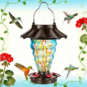 Solar Hummingbird Feeder – 28 fl.oz Hand-Blown Glass with Rustproof Metal Base, Garden Decoration to Attract Hummingbirds & Vines, Unique Christmas & Holiday Gift for Bird Lovers