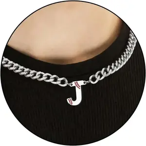 Stocking Stuffers-Baseball Necklaces for Boys Stainless Steel Initial Necklace with Letter A-Z 6.5mm Cuban Chain Adjustable Gifts for Men Boys 16+2 Inches
