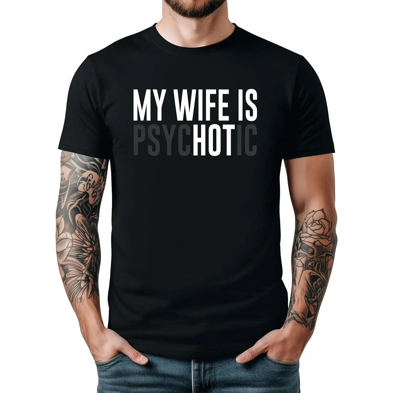 Men's Vintage Cotton Graphic T-Shirt, Chic Short-Sleeve Round Neck Streetwear with "My Wife is Psychotic" Funny Print for Husbands