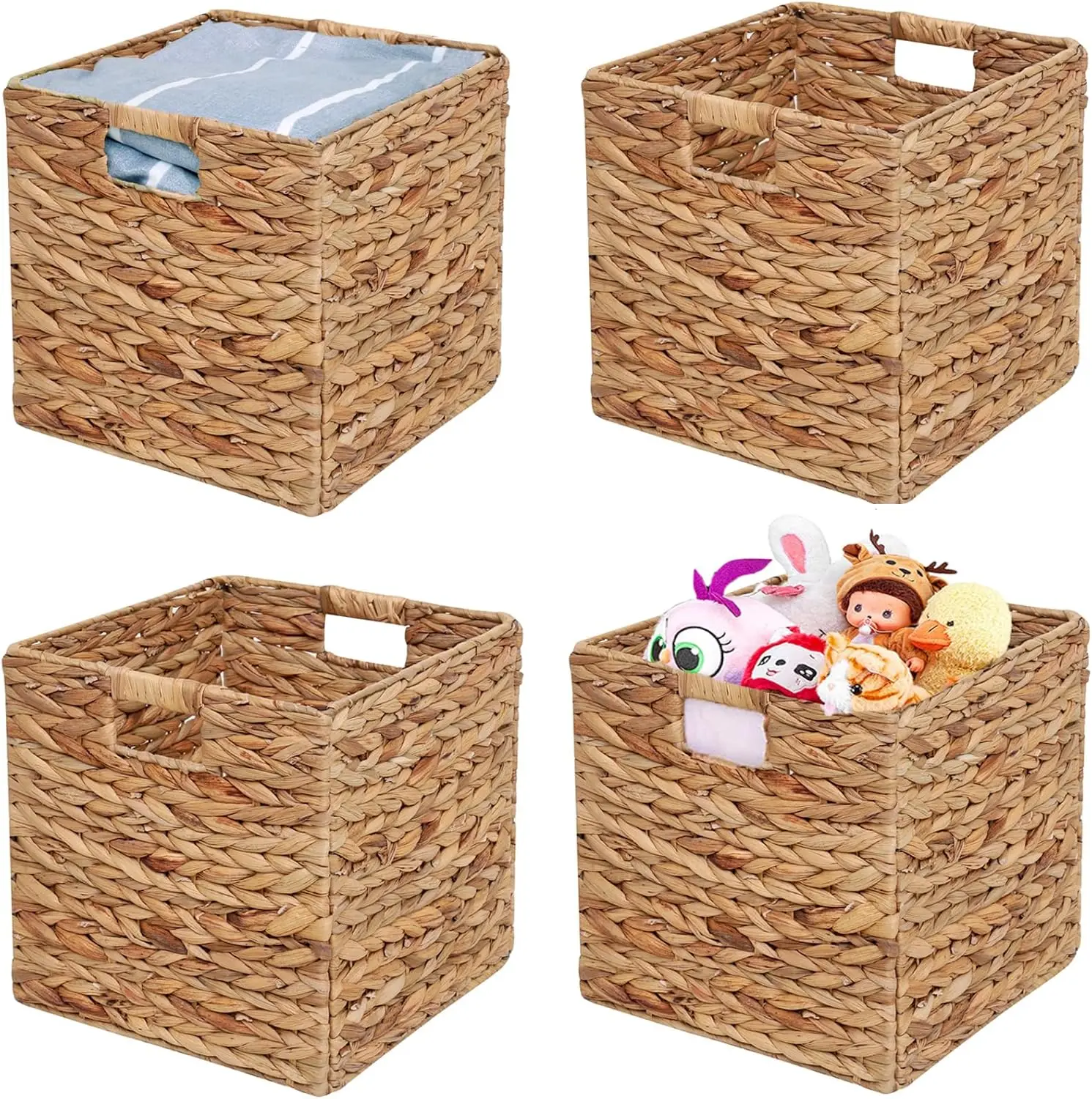 Storage Baskets Wicker Cube Baskets Foldable Handwoven Water Hyacinth Laundry Organizer,Cube Storage Baskets,Set of 4 count Baskets-11x11x11inch