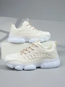 Men's Mech Style Thick Sole Sports Shoes, Trendy Sneakers, Breathable Mesh with Armor Geometric Overlay, Bubble Shock Absorption, Anti-Slip, Streetwear & Commute