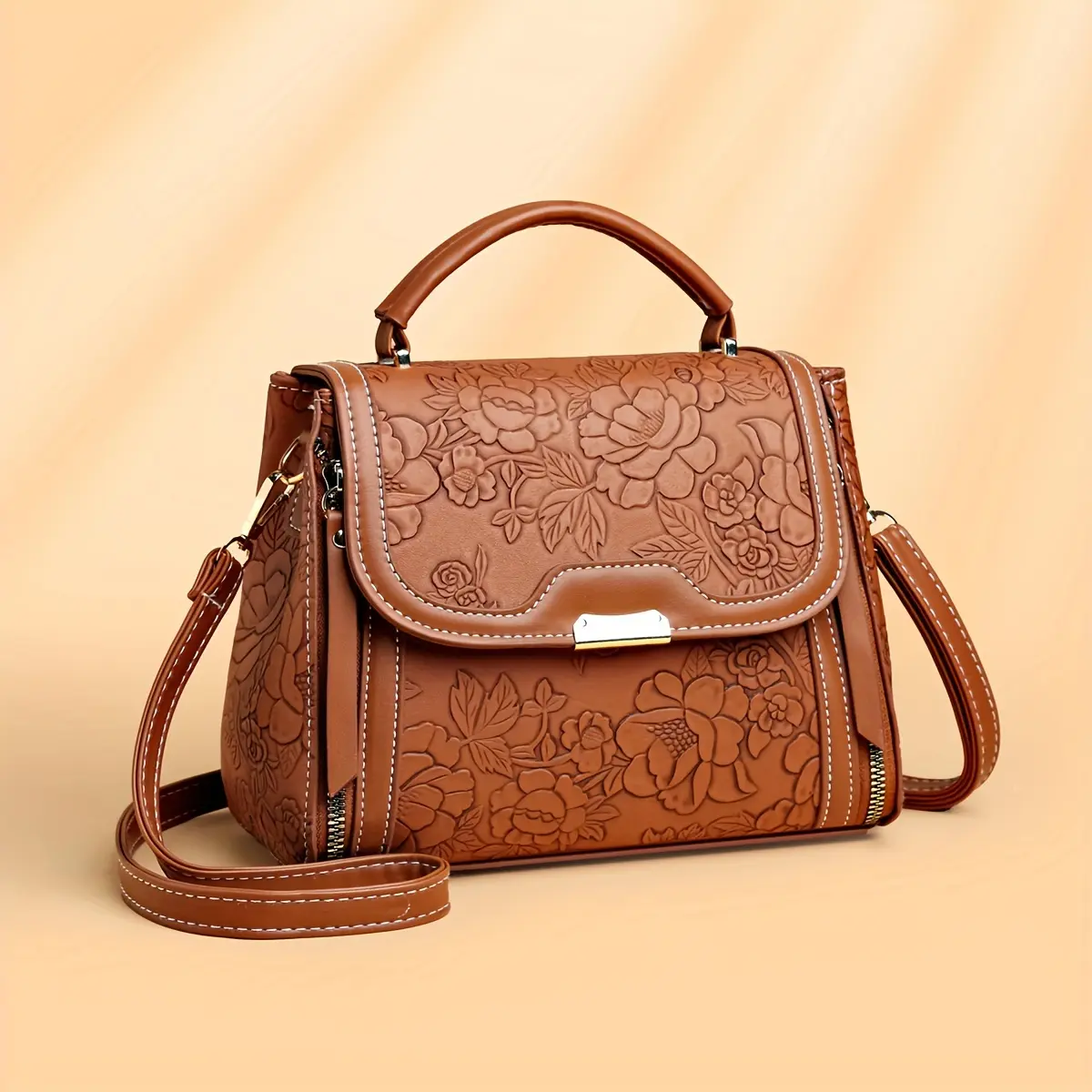 Women's Elegant Crossbody Bag, Flower Embossed Top-Handle Shoulder Purse with Detachable Strap, Everyday Handbag, Everyday Purse, Elegant Women's Crossbody & Shoulder Bags, Elegant Bags, Embellished Shoulder Bag