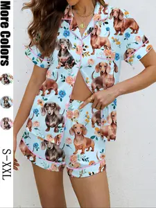 Cute Dog Print Women's Pajama Set, Casual Fitted Sleepwear, Loungewear, Soft Shirt Collar Top & Elastic Shorts, All Seasons Comfortable Home Wear