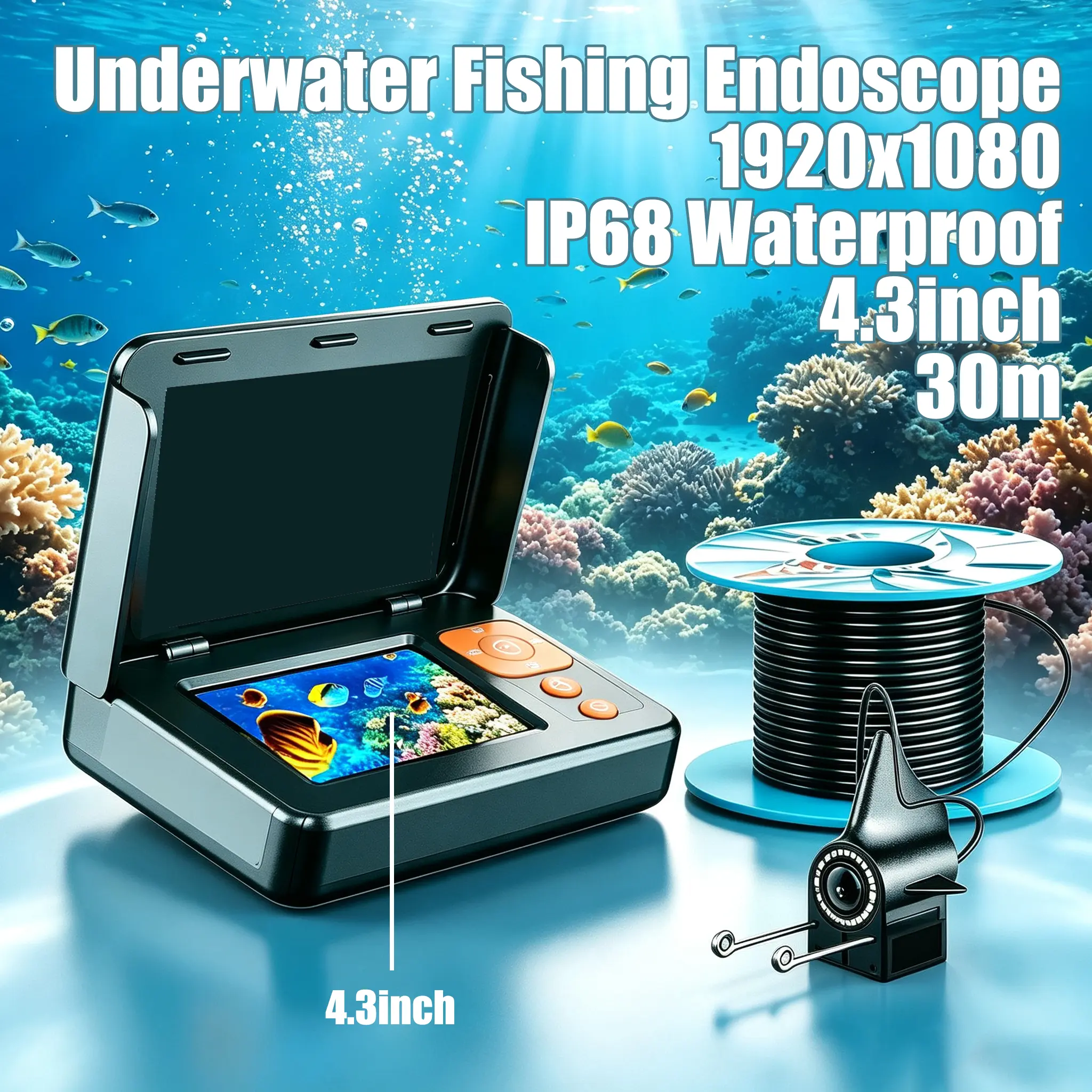 Outdoor Gadgets Underwater Fish Detector with 4.3-in Screen, 1181.1-in Endoscope, 1080P HD Display, 5000mAh Built-in Battery, Type-C Charging, 8 Adjustable LED Lights, for Fishing