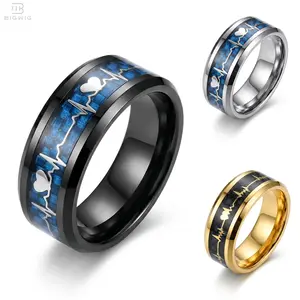 Heartbeat Carbon Fiber & Stainless Steel Ring for Men, Blue/Gold EKG Pulse Design Ring, Romantic Couple Promise Ring, Unisex Wedding Ring, Father's Day Gift 2026 Graduation Jewelry, Gift for Him
