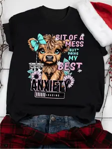 Versatile WomenS Cartoon Cow Print Short Sleeve TShirt With Round Neck Knitted Polyester Fabric For Casual Wear In All Seasons