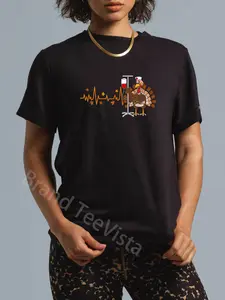 100% Cotton Unisex Heartbeat Turkey Nurse Thanksgiving Scrub Top Fall RN ICU ER T-Shirt Vingate Printed Casual Round Neck T shirt