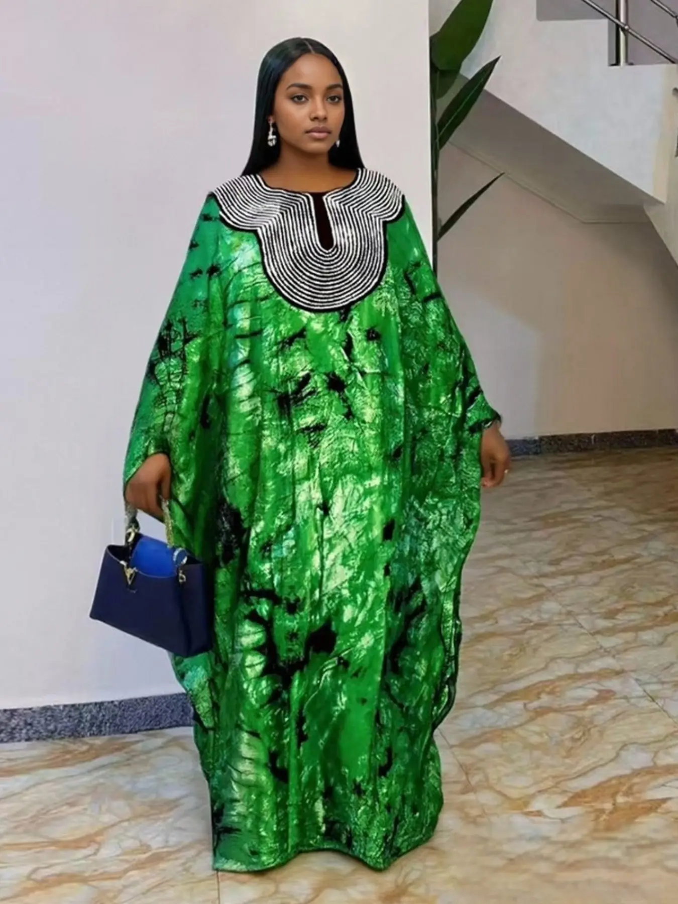 Elegant Women's Dress with Blue Print and Sequins, Elegant Fashion Dress, High-End Kaftan Boubou, Traditional Long Robe, Party Wedding Festival Evening Formal Gown, Chic Elegant Dress Womenswear