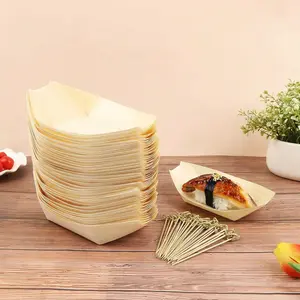 5.5 Inch Disposable Bamboo Wood Sushi Plate, Bamboo Appetizer Dish, Sushi Tray, Leaf Boat with Bamboo Skewers, Eco-Friendly Tableware