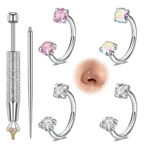 18G Surgical Steel Horseshoe Nose Rings Set for Women Men, 6-8mm Gold & Silver Gemstone Hoop Piercing Jewelry, Body-Safe Nose Rings with Tool for Cartilage Helix Tragus Earring Labret Lip