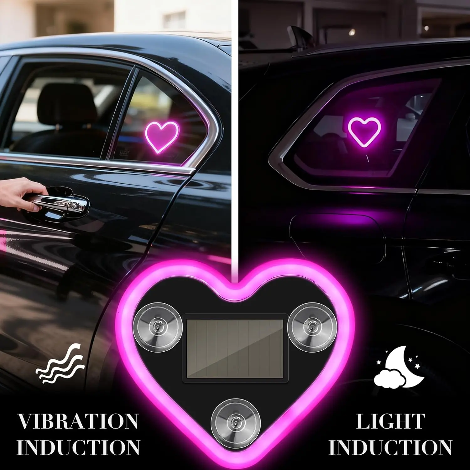 Car LED Ambient Light, Solar Powered Heart Shape Lights, LED Neon Light for Car Back Window Decoration, Night Driving, 5 Modes, Romantic Gift for Christmas, Valentine's Day