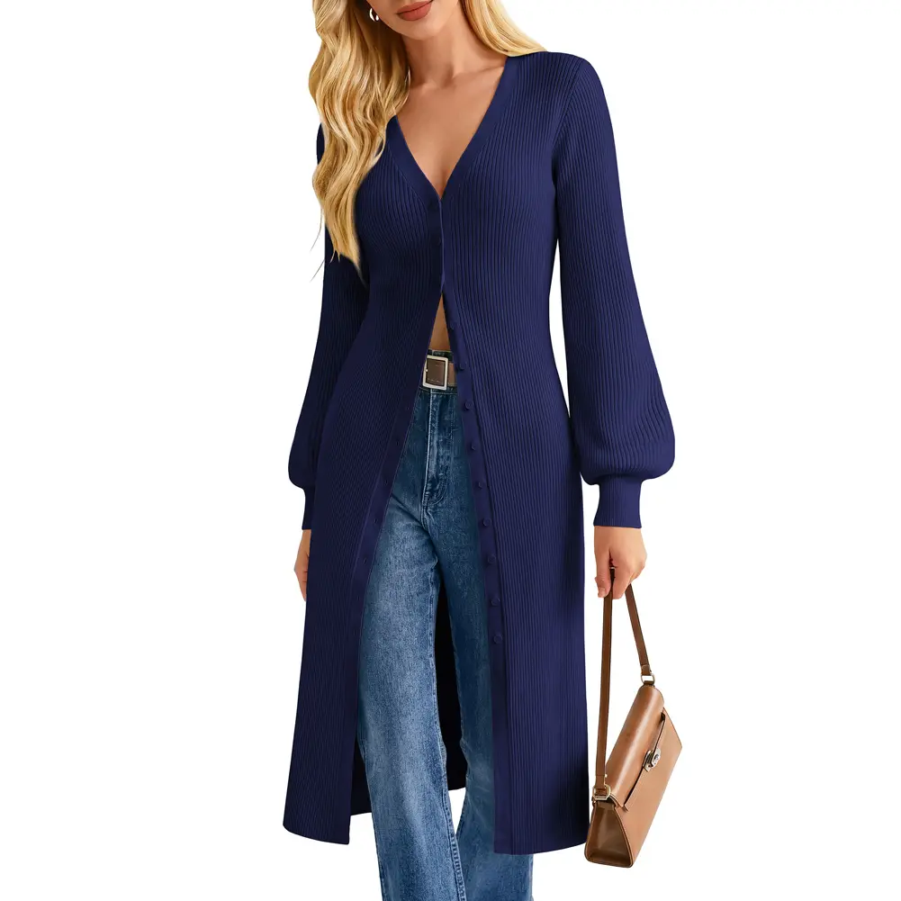 GRACE KARIN Women's Modest Long-Sleeve Knit Cardigan - Casual V-Neck Button-Up Knitwear Clothes, Maxi Outerwear