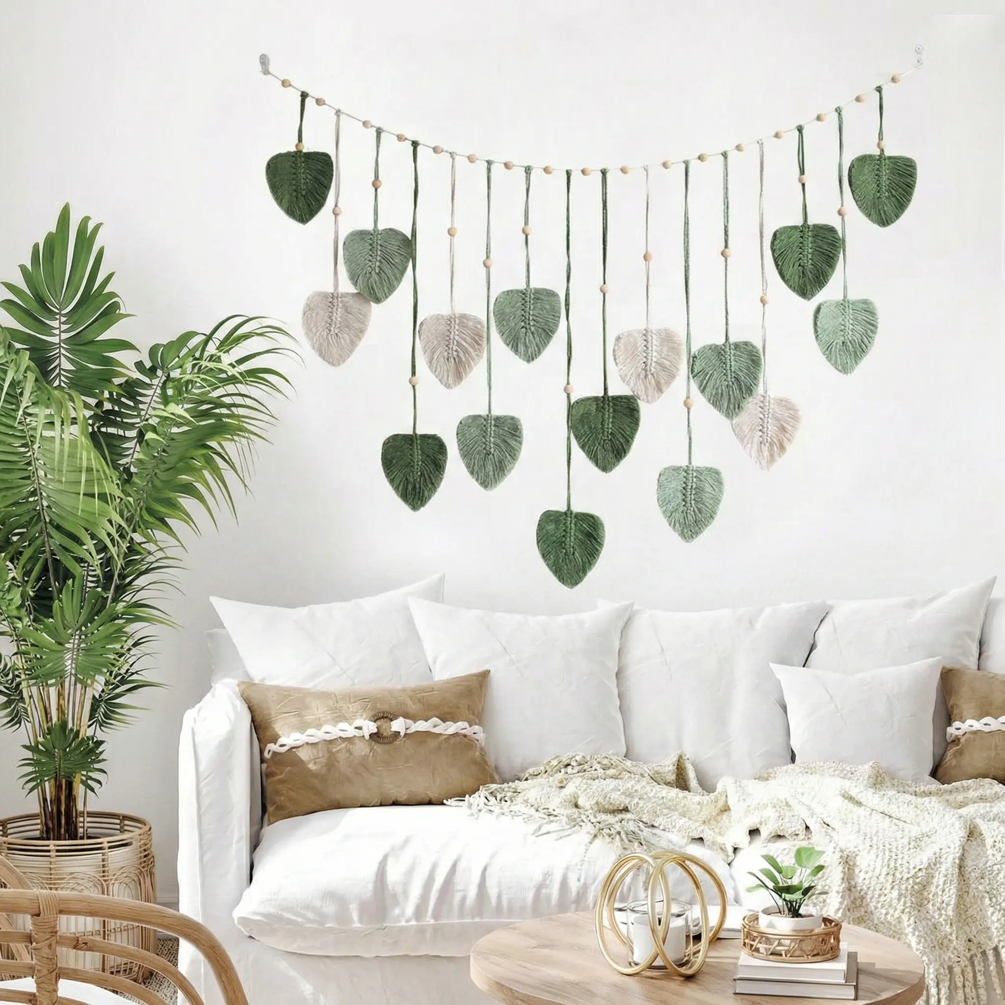 Handmade Boho Leaf Macrame Wall Hanging - Lightweight Home Ornament for Renters, Greenery Wall Decor, Instagram-Worthy Living Room Bedroom Tapestry