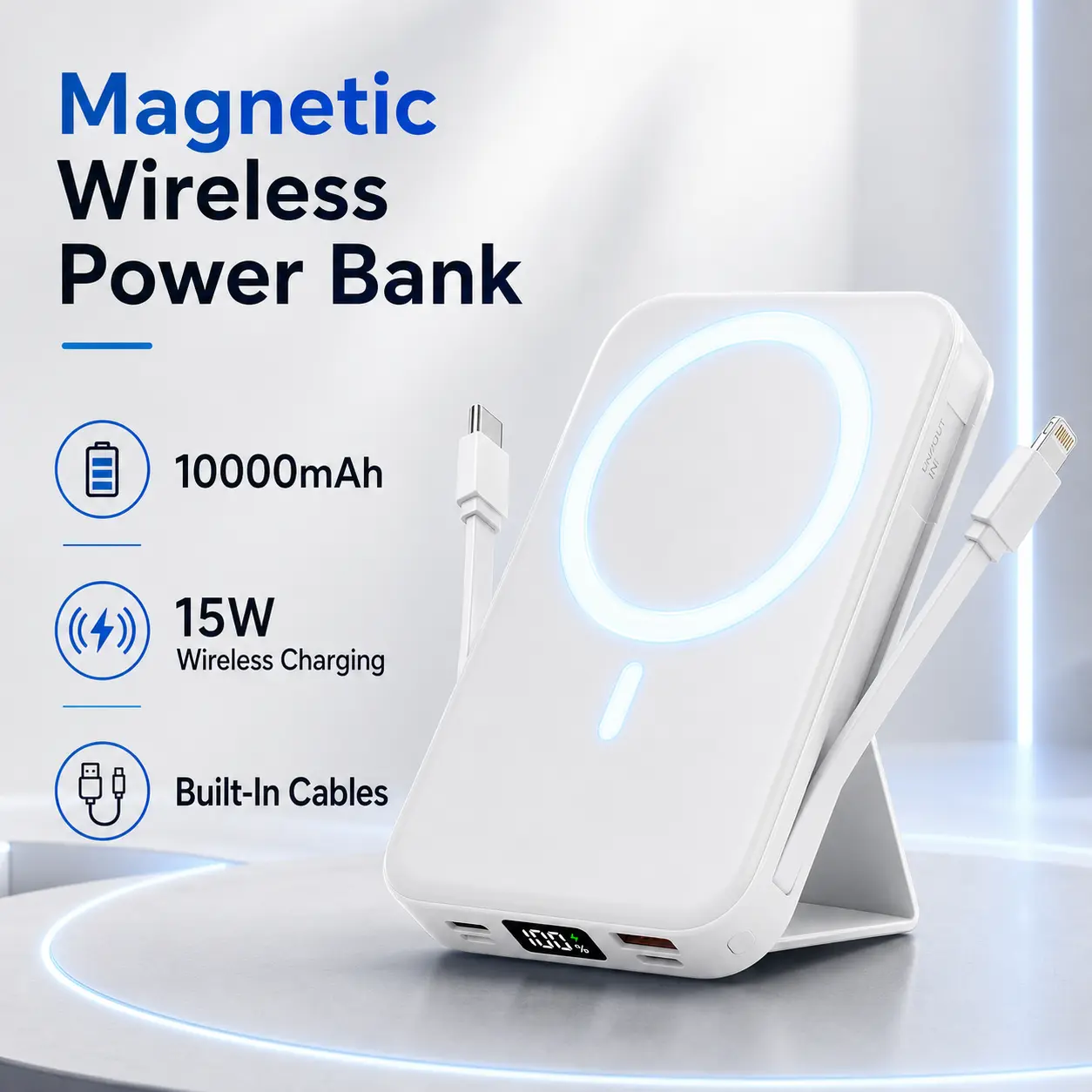 MREGB 10000mAh Magnetic Power Bank, 22.5W Fast Wireless Portable Charger with Built-in 3 Cables, Foldable Stand & LED Display, Mag-Safe Digital Gadget Accessories for iPhone 17-12 Series, Android & Type C Devices, Gadgets