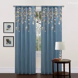 Lush Decor Flower Drops Single Window Curtain - Sold Individually - 42''W x 84''/95‘’L Blue Faux Silk Fabric with Leaf Accents & Dramatic Design for Bedrooms & Living Rooms