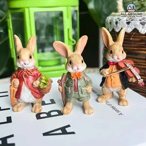 3 Rabbit Figurines Set, Resin Animal Sculptures, Violin Rabbit, Raincoat Rabbit, Adventure Rabbit for Home Décor, Festive Decoration for Garden & Living Room, Decorative Ornaments