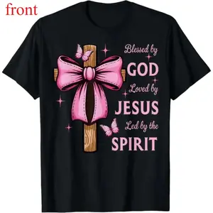 Plus-size T-shirt, unisex T-shirt,Blessed by God Loved by Jesus Pink Coquette Bow And Cross T-Shirt Black Pieces Prints Womenswear..