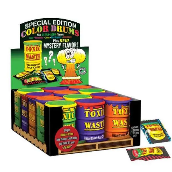 Toxic Waste Special Edition Color Drums 12 ct. - Drum-shaped Containers with Gummy Candy Assortment of Five Ultra-Sour Flavors: Apple, Watermelon, Lemon, Blue Raspberry, and Black Cherry Flavors - 12 Count Pack Sweet Bonbon