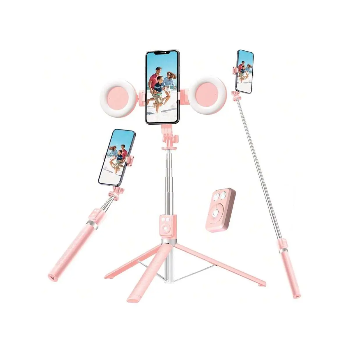 6-In-1 Adjustable Mobile Cellphone Selfie Stick Tripod with Dual Fill Lights, Detachable Bluetooth Remote, Foldable Retractable Camera Accessory for Live Streaming, Photography (Cable-Included)