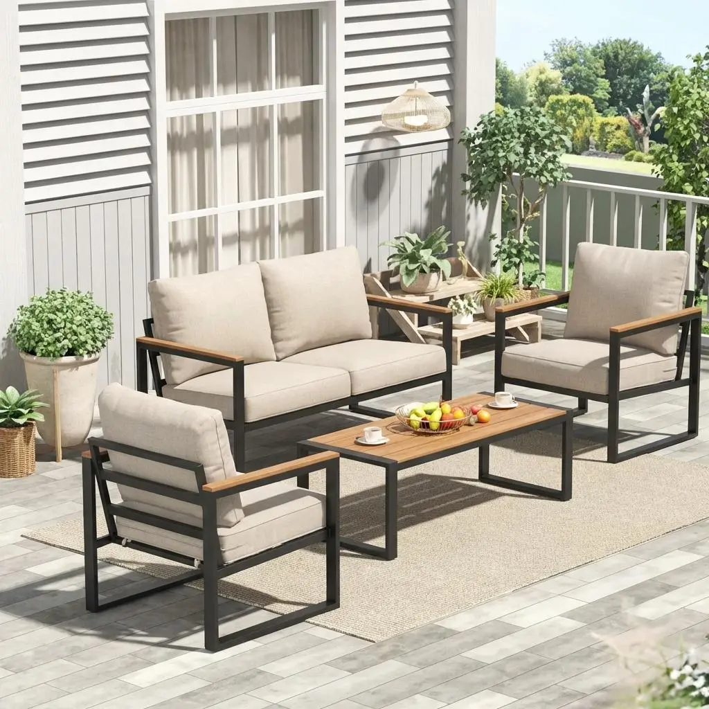 4-Piece Outdoor Patio Furniture Set, Conversation Sofa Set with Metal Frame and All-Weather PE Rope Weaving, UV Resistant & Waterproof Couch with Table for Garden, Balcony, Backyard