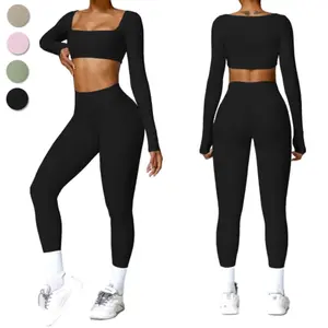Women Workout Sets 2 Pieces Long Sleeve Square Neck Yoga Outfits Gym Clothes Seamless Ribbed Crop Top High Waist Leggings