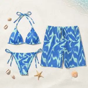 [HOT SUMMER 2026] Wave Pattern Matching Couple Swimwear Set – Women’s Triangle Bikini Set & Men’s Swim Shorts, Blue Beach Vacation Outfit