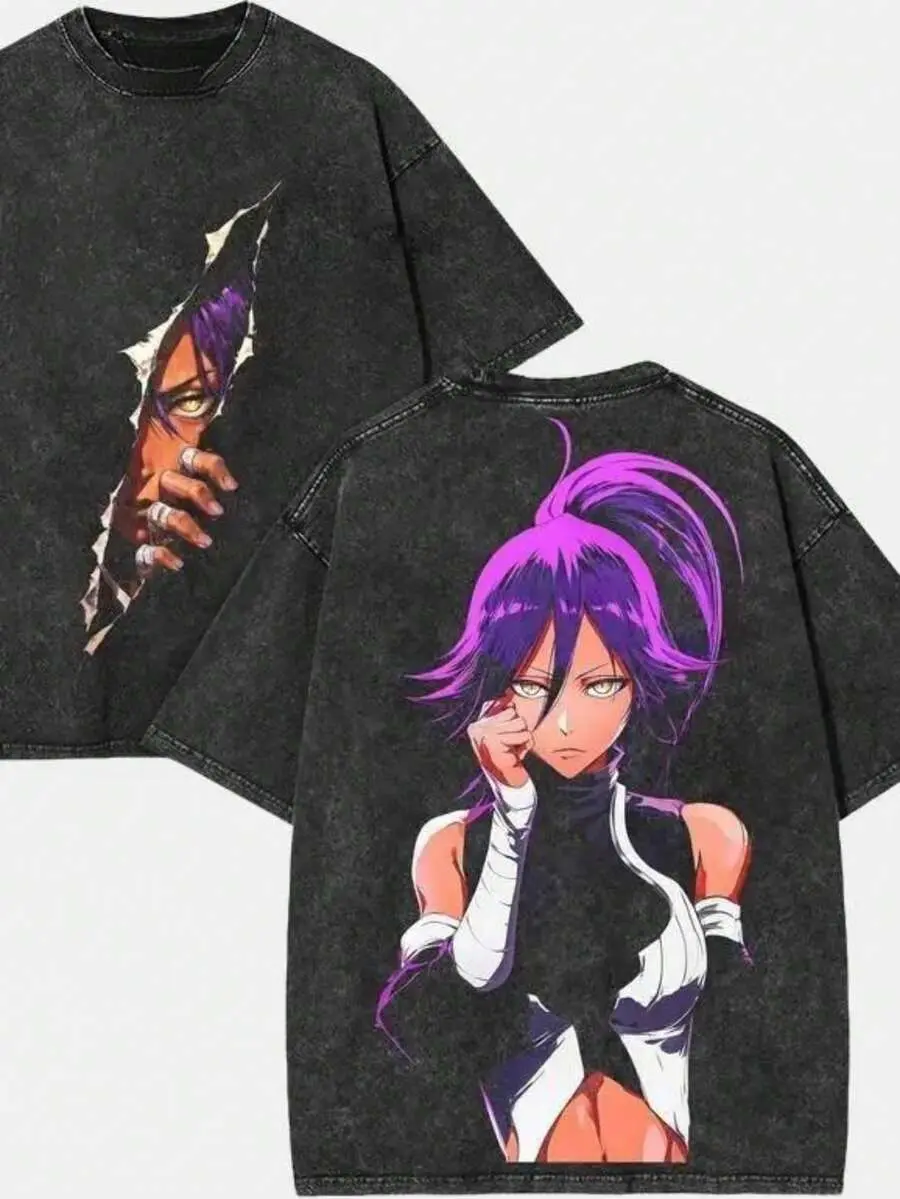 Men's Washed T-Shirt ,Anime Character Print T-Shirts,Shihouin Yoruichi X Bleach + Flash Goddess Mode + Heavy Cotton Washed Tee,Retro Anime And Comic Book Style Streetwear, Otaku Fashion Items.