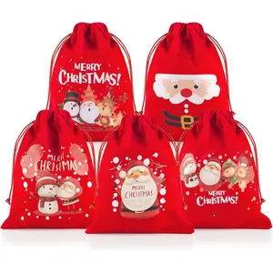 Allwento Christmas Gift Bags 5Pcs of Flannel Small Bag with Drawstring Medium Size Good for Xmas Party Favors Bosshifin