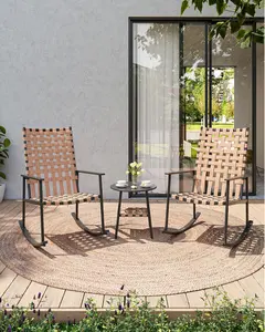 LAUSAINT HOME 3 Pieces Outdoor Rocking Bistro Set, Small Patio Furniture Set with 2-Tier Coffee Table, Front Porch Furniture for Lawn, Garden, Balcony, Poolside (Beige)