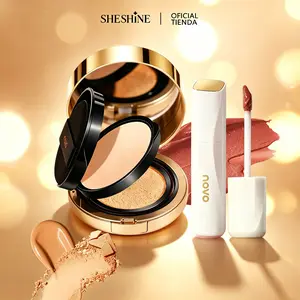【L】Sheshine NOVO 2-in-1 Makeup Set, Double-Layer Cushion Foundation + Matte Lip Gloss, Full Coverage Foundation with Setting Powder + Long Lasting Non-Stick Cup Lip Tint, All-Day Wear Makeup Kit for Women