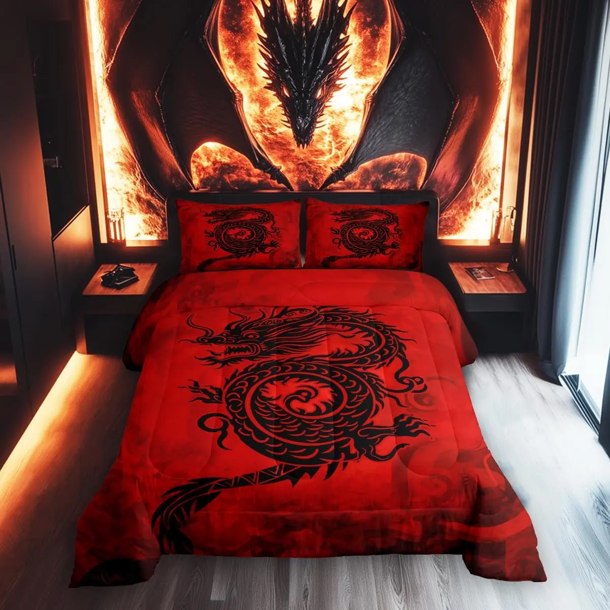 Feelyou Breathable Queen Duvet Set - Exotic Chinese Dragon, Black Graffiti Red Decorative Bedding Set for Adults, Wall Decor Compatible, Breathable Duvet Set