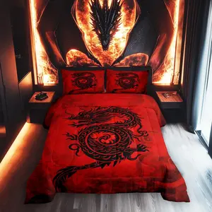 Feelyou Breathable Queen Comforter Set - Exotic Chinese Dragon, Black Graffiti Red Decorative Bedroom Bedding Set for Adults, Wall Decor Compatible