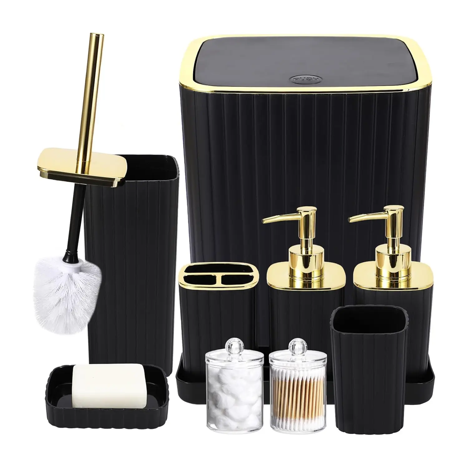 Bathroom Accessories Set, 10-Piece Kit Including Trash Can, Toilet Brush, Toothbrush Holder, Soap Dispenser, Soap Dish, Cup, Cotton Swab Holder & Tray, Bathroom Organizers, Bathroom Accessory Sets