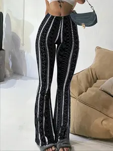 Boho Print Pants, Tribal Pattern Trousers, Flared Leg Pants, High Waist Pants, Stretchy Casual Pants, Retro Bohemian Pants, Festival Style Bottoms, Casual Chic Bottoms