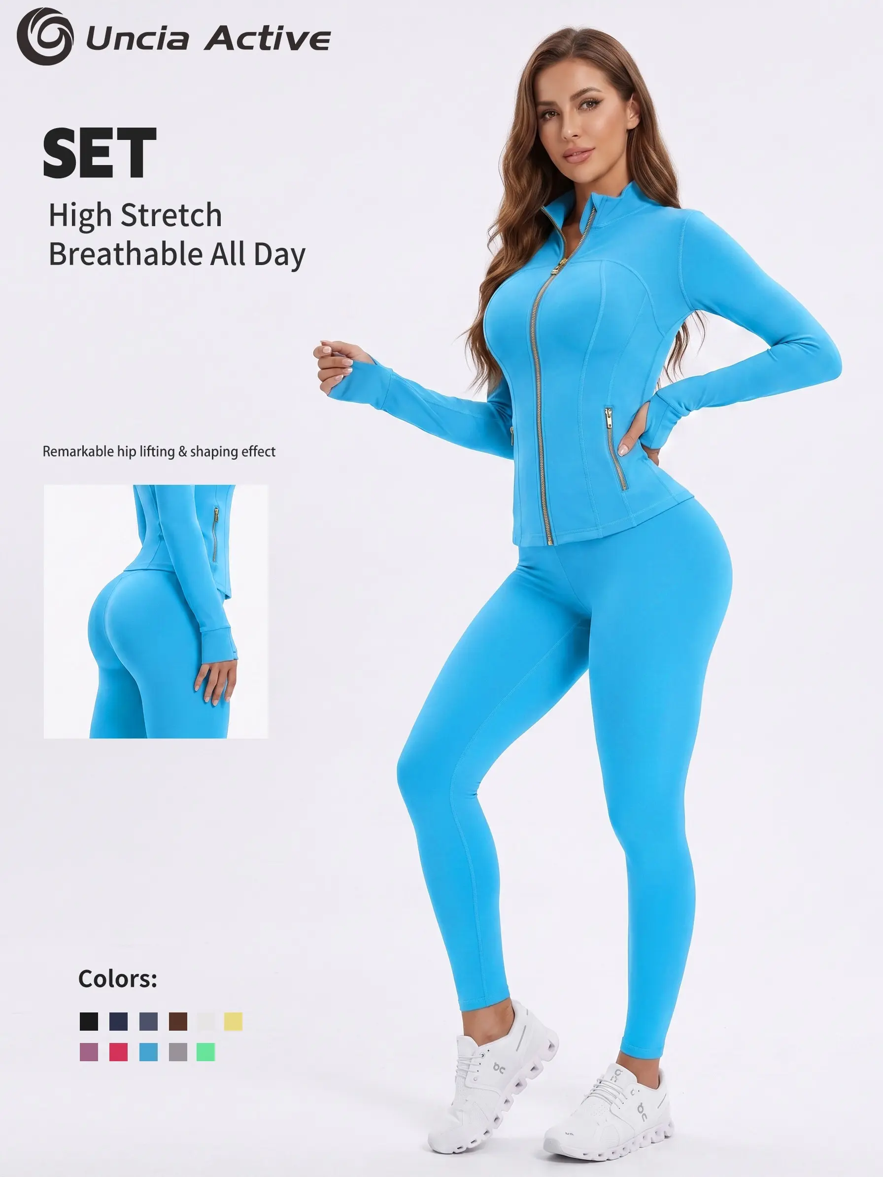 Uncia Active Women's 2-Piece Slim-Fit Athletic Sports Set - Gold-Zipper Jacket, High-Stretch Hip-Shaping Leggings for Yoga, Gym