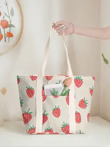 Strawberry Print Large Capacity Tote Bag, Casual Commuter Shoulder Backpack with Zipper Closure, Ideal for Gym Beach Work Travel
