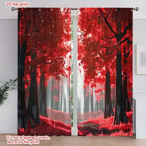 2D Flat 2Pcs Red Forest Printed Curtains for Living Room, Pole Hung Semi Blackout Window Drapes, Transparent Scenery Bedroom, Decorative Home Treatment, Home Decoration Curtain