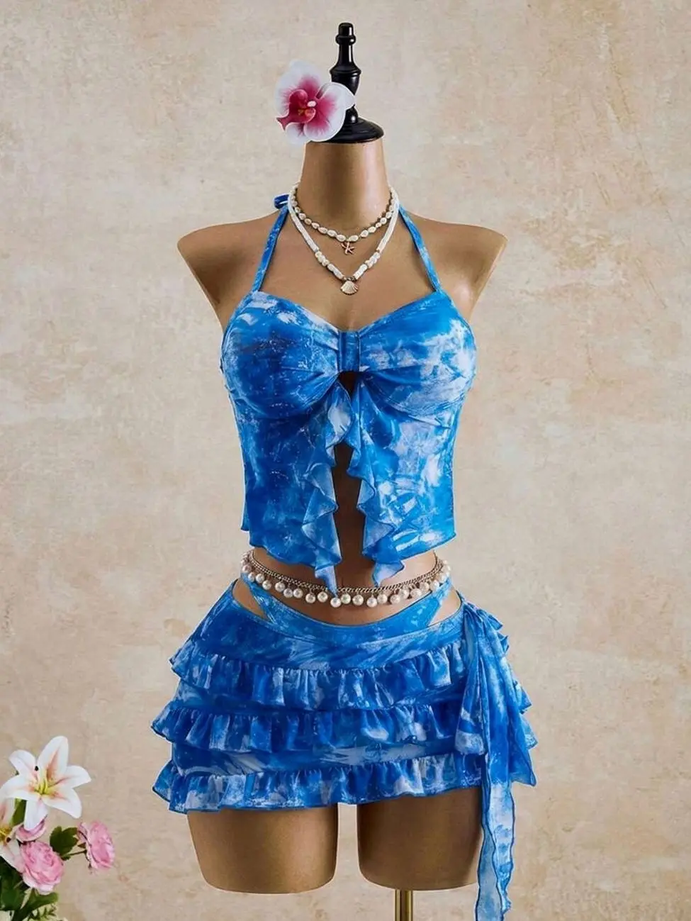 Bellisia Blue Ocean Tie-Dye Ruffle 2-Piece Swimsuit Set | Front-Split Cascade Cami Top | Tiered Ruffle Mini Skirt Bikini Beach Set